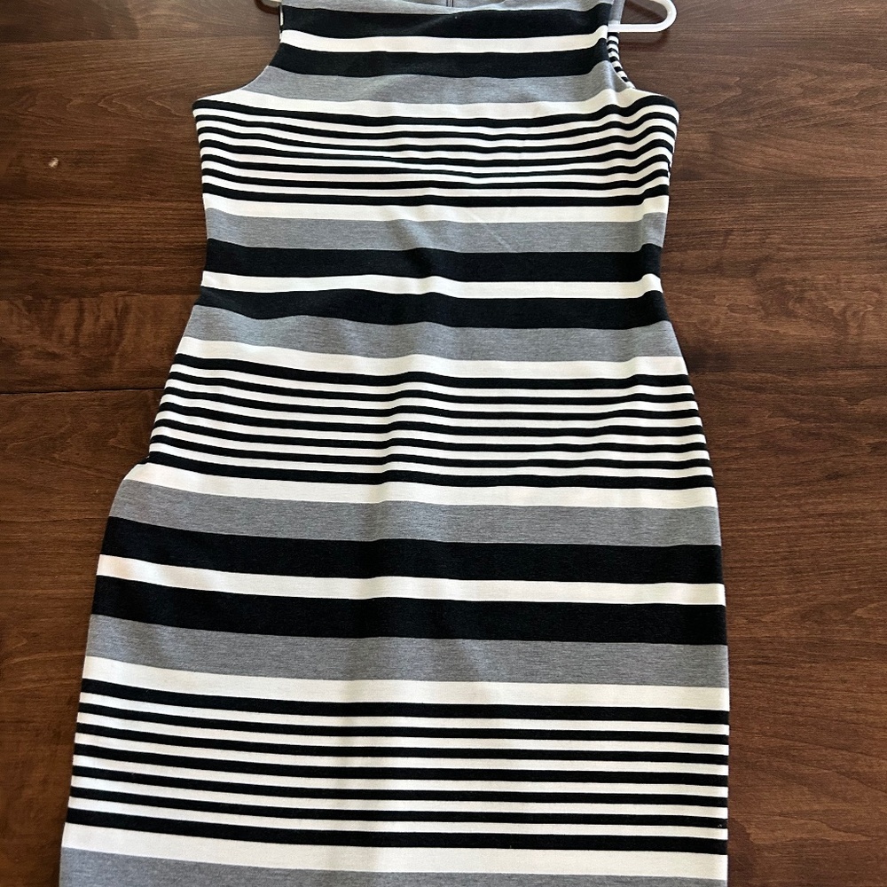 Calvin Klein Sheath Midi Dress Black Gray Striped  size 8